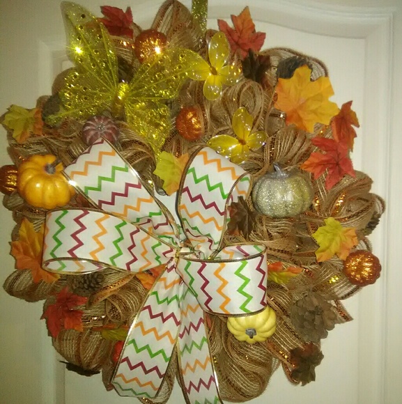 Handmade Seasonal Fall Wreath w Chevron Bow - Picture 7 of 8
